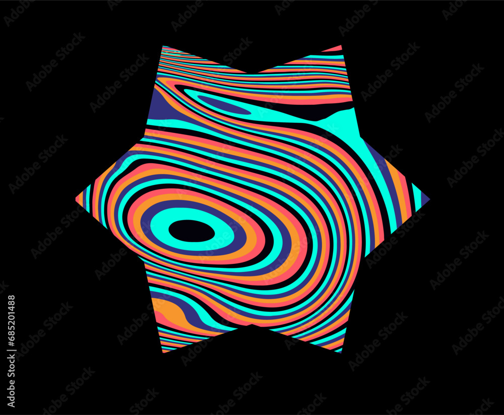 Poster Star with psychedelic pattern in neon acid colors. Template for a logotype design.