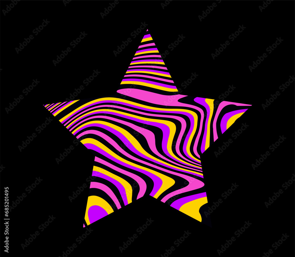 Poster Star with psychedelic pattern in neon acid colors. Template for a logotype design.