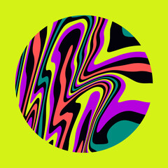 Circle with organic psychedelic pattern in acid vibrant colors. Template for a logotype in op-art contemporary style.