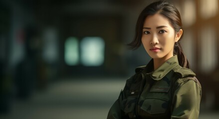Uniformed Asian Woman Soldier: Military Service, Officer Duties, and Combat Training - obrazy, fototapety, plakaty