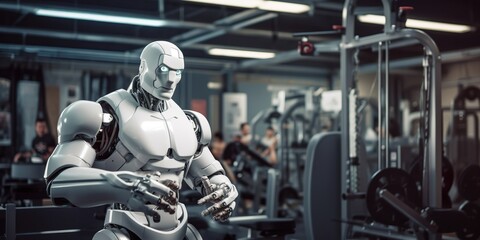 A robot serving as a personal fitness trainer for a human, demonstrating exercises in a gym