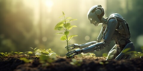 A robot landscaper beautifully designing and maintaining a public park, demonstrating intricate gardening skills