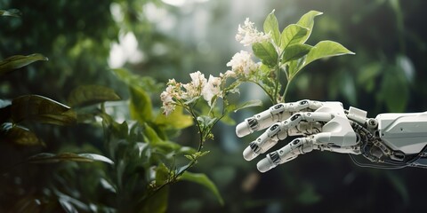 A robotic hand delicately holding a living plant, symbolizing the harmony between technology and nature