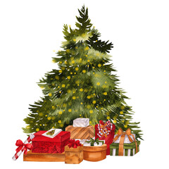 Watercolor illustration with Christmas tree. Hand draw ornament, flowers, leaves, bouquet, toys, ball, bow, garland, light, bells, snowflakes, isolated on transparent background. PNG files