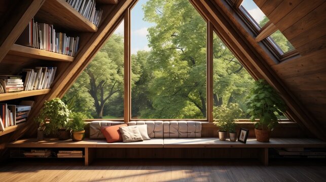Explore an eco haven: opened roof window in a wooden attic with park view. Showcase sustainable living and green architecture