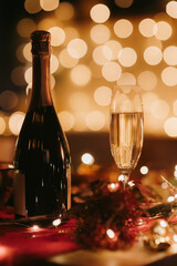 No people night shot of decorated holiday table with bottle of Champagne with cozy atmosphere 