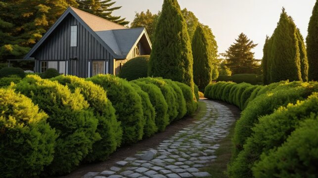 row of tall evergreen thuja trees creating a green hedge along a cottage path.