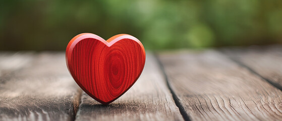 Fototapeta premium corazón rojo tallado en madera sobre tabla rustica de madera y fondo verde desenfocado, con bokeh concepto San Valentín, celebraciones