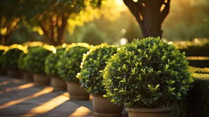 spherical boxwood bushes in a warm summer sunset garden. - obrazy, fototapety, plakaty