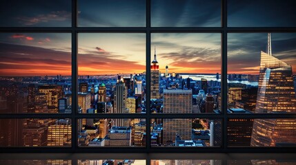 Experience a triple window view of a city awakening. Silhouetted buildings against a fiery sunrise backdrop.