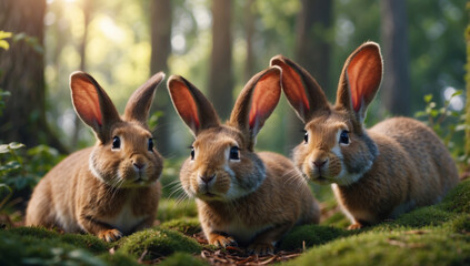 Three rabbits are standing in the forest. - obrazy, fototapety, plakaty