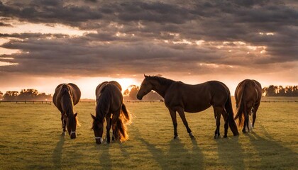 horse in sunset and grazing in field