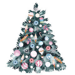 Watercolor illustration with Christmas tree. Hand draw ornament, flowers, leaves, bouquet, toys, ball, bow, garland, light,bells, snowflakes, isolated on transparent background. PNG files
