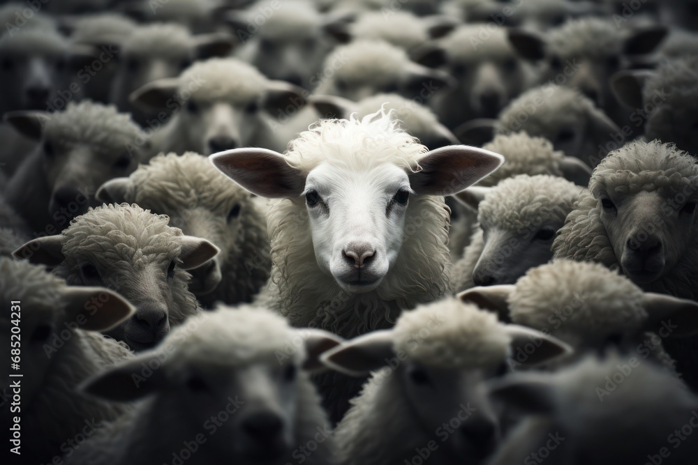 Poster flock of sheep standing together in a field generative ai