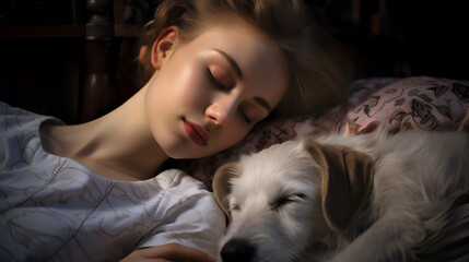 girl sleeping with a dog on bed, National Love Your Pet Day,  national puppy day, animal, dog, best friend