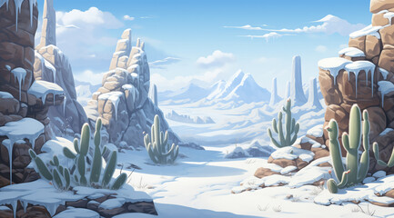 Freezing cold winter desert valley landscape, chilly atmosphere, canyon of eroded rock formations covered in white snow, Saguaro cactus plants with distant mountains and hills. - obrazy, fototapety, plakaty