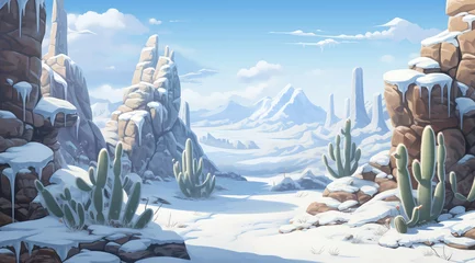 Poster Freezing cold winter desert valley landscape, chilly atmosphere, canyon of eroded rock formations covered in white snow, Saguaro cactus plants with distant mountains and hills. © SoulMyst