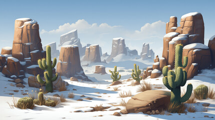 Freezing cold winter desert valley landscape, chilly atmosphere, canyon of eroded rock formations covered in white snow, Saguaro cactus plants with distant mountains and hills.
