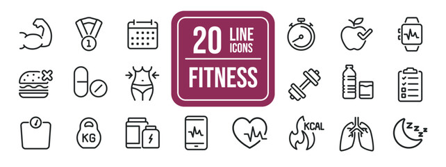 Fitness thin line icons. Editable stroke. For website marketing design, logo, app, template, ui, etc. Vector illustration.