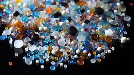 Close-up of microplastic particles background. Environmental water pollution problem of rubbish and trash in the oceans and seas - obrazy, fototapety, plakaty