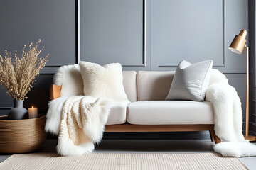 Cozy cute sofa with white furry sheepskin fluffy throw and pillows against wall with copy space. Hygge, scandinavian style