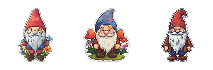 Cartoon garden gnome sticker. Vector illustration