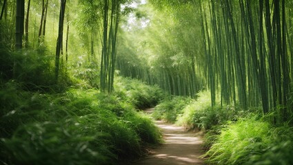 There are bamboo forests here, There are thousands of light and shadow, light green leaves, blowing the fine wind ai generated