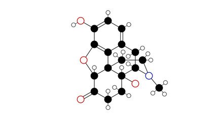 oxymorphone molecule, structural chemical formula, ball-and-stick model, isolated image opioid analgesic