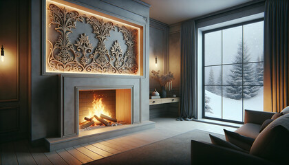 beautiful interior with a fireplace and a view of the tree