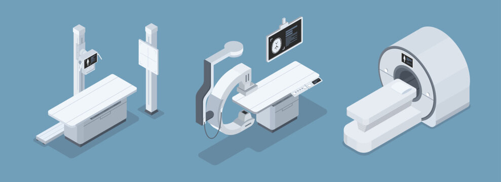 A set of medical machine, x-ray, x-ray fluoroscopy, magnetic resonance imaging, in isometric vector design.