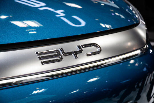 BYD logo on the ATTO 3 electric car at the IAA Mobility 2023 motor show in Munich, Germany - September 4, 2023.