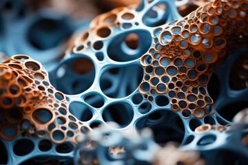 Macro shot of a blue and copper porous network, depicting a biologically inspired structure with a sci-fi aesthetic