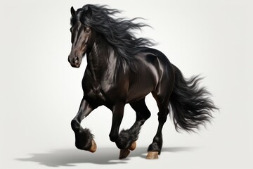 Naklejka na ściany i meble Majestic Black Horse Galloping on a Pristine White Background Generative AI