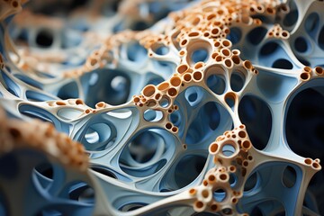 Close-up of a blue porous structure with golden particles, conveying a microcosmic landscape with intricate detail. - obrazy, fototapety, plakaty