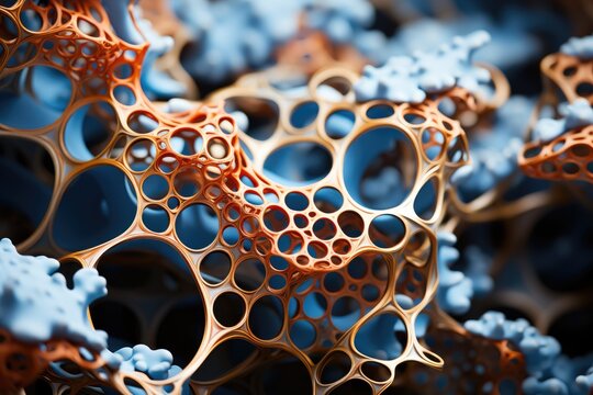Macro shot of a blue and copper porous network, depicting a biologically inspired structure with a sci-fi aesthetic