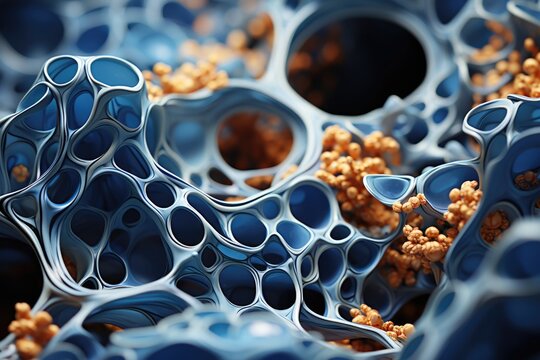 Close-up of a blue porous structure with golden particles, conveying a microcosmic landscape with intricate detail.
