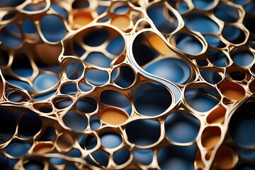 Abstract cellular structure in blue and gold with a metallic texture, perfect for luxury and scientific design themes
