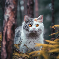 Naklejka na ściany i meble utumn Stroll: Cute Cat in an Autumn Forest