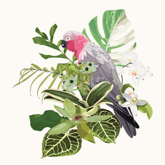 Summer design with pink parrot bird, tropical beach background banners. Voucher discount. Card template.