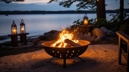magic of a forest beach campfire with a cast iron fire pit. Bright flames mingle with light bulb garlands, offering a serene evening scene