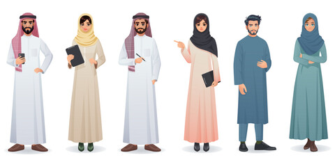 Arabian man and woman portrait full height, traditional muslim female and male character. Saudi national wear. Islamic young family. Beard and mustache. Family couple. Vector illustration - Powered by Adobe