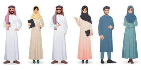 Fotobehang Arabian man and woman portrait full height, traditional muslim female and male character. Saudi national wear. Islamic young family. Beard and mustache. Family couple. Vector illustration © GN.STUDIO