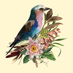 Lilac breasted Roller bird. Tropical arrangements with leaves, flowers and birds for party invitations and poster designs.
