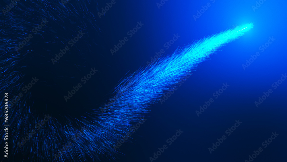 Poster bright blue neon glowing fast moving streams of bright particles. light trace of a wave. particle mo