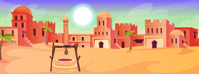 Arabian cityscape architecture, cartoon buildings, water well, muslim antique mosque, traditional town. Arab house silhouettes, historical authentic middle east religion urban. Vector illustration