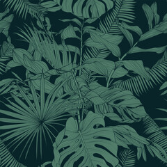 Seamless pattern background with Solomon's seal (Polygonatum multiflorum), palms, monstera leaf drawing illustration. Exotic tropical line illustration. - obrazy, fototapety, plakaty