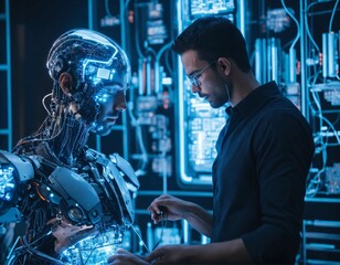 Image of a man exchanging information with a cybernetic organism.