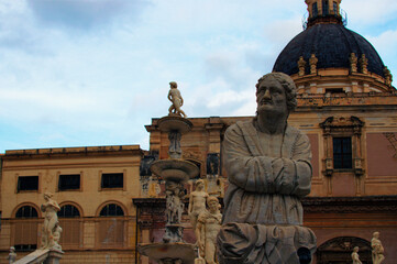 Fototapeta na wymiar Amazing Palermo Praetorian Fountain in center of Piazza Pretoria. Notable landmark. Depicted ancient Greek Mythology. UNESCO World Heritage Site
