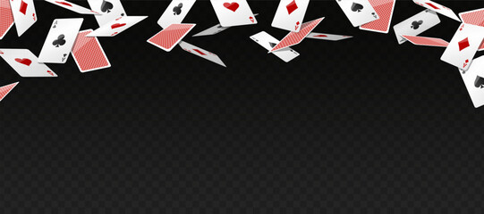 Flying vegas casino red and white poker cards. Diamonds, clubs, hearts, spades ace. Gambling addiction, risky money, lucky game. Concept of playing via real cash. Dark background. Vector illustration - obrazy, fototapety, plakaty