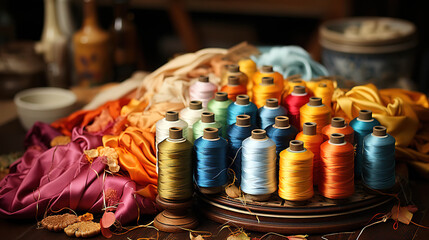 Colorful Spools of Thread Arranged on a Wooden Tray - Powered by Adobe